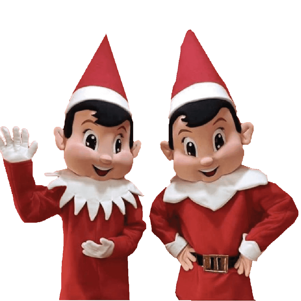 Mascottes lutins en costumes colorés lors d’une animation festive pour enfants