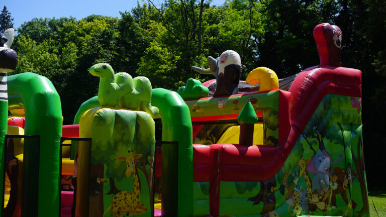 Enfants jouant sur le parcours gonflable à thème zoo en action