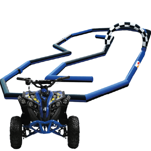 Circuit gonflable géant avec plusieurs quads colorés, animation festive pour enfants