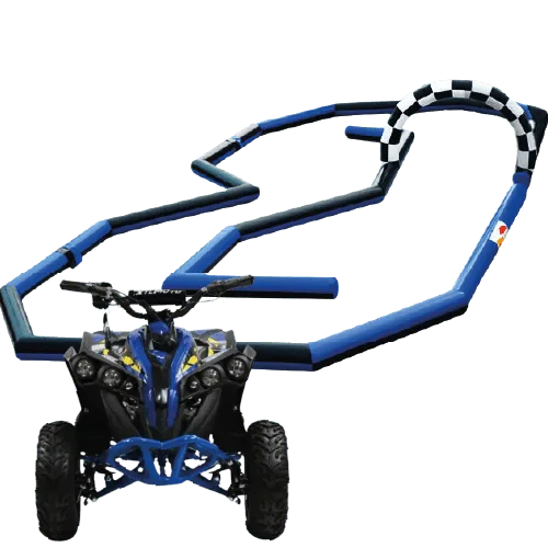 Circuit gonflable géant avec plusieurs quads colorés, animation festive pour enfants