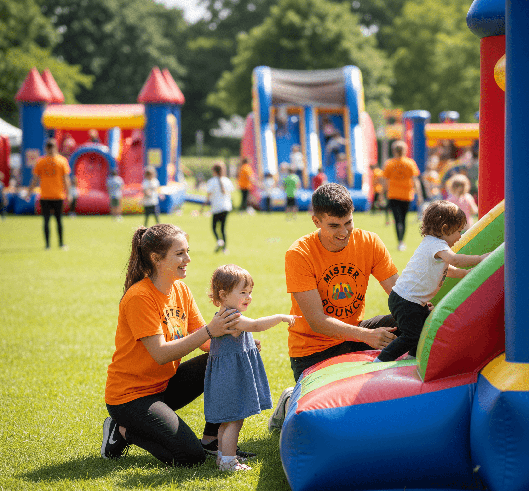 Animateurs Mister Bounce interagissant avec un groupe d'enfants devant un château gonflable coloré.