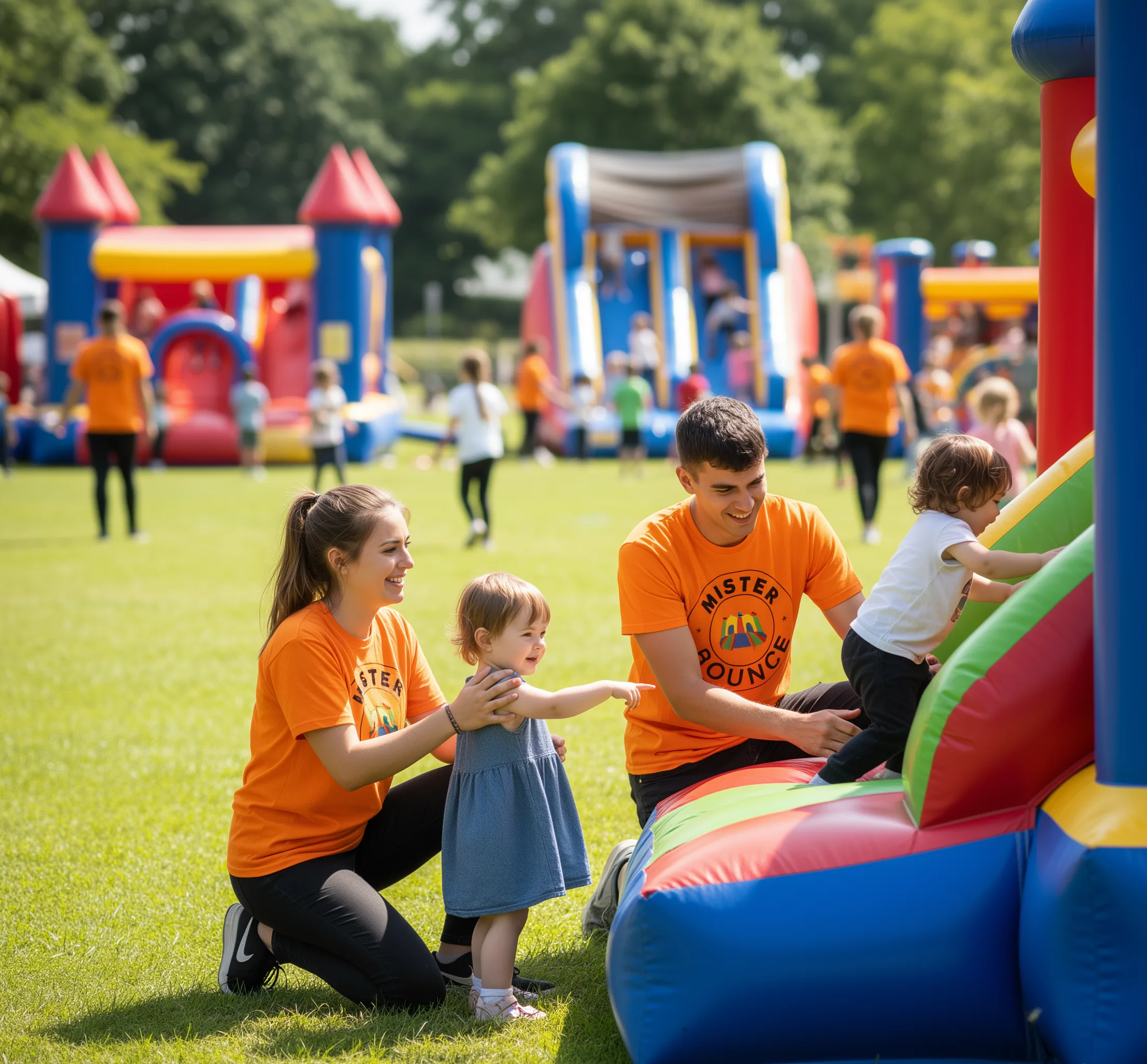 Animateurs Mister Bounce interagissant avec un groupe d'enfants devant un château gonflable coloré.
