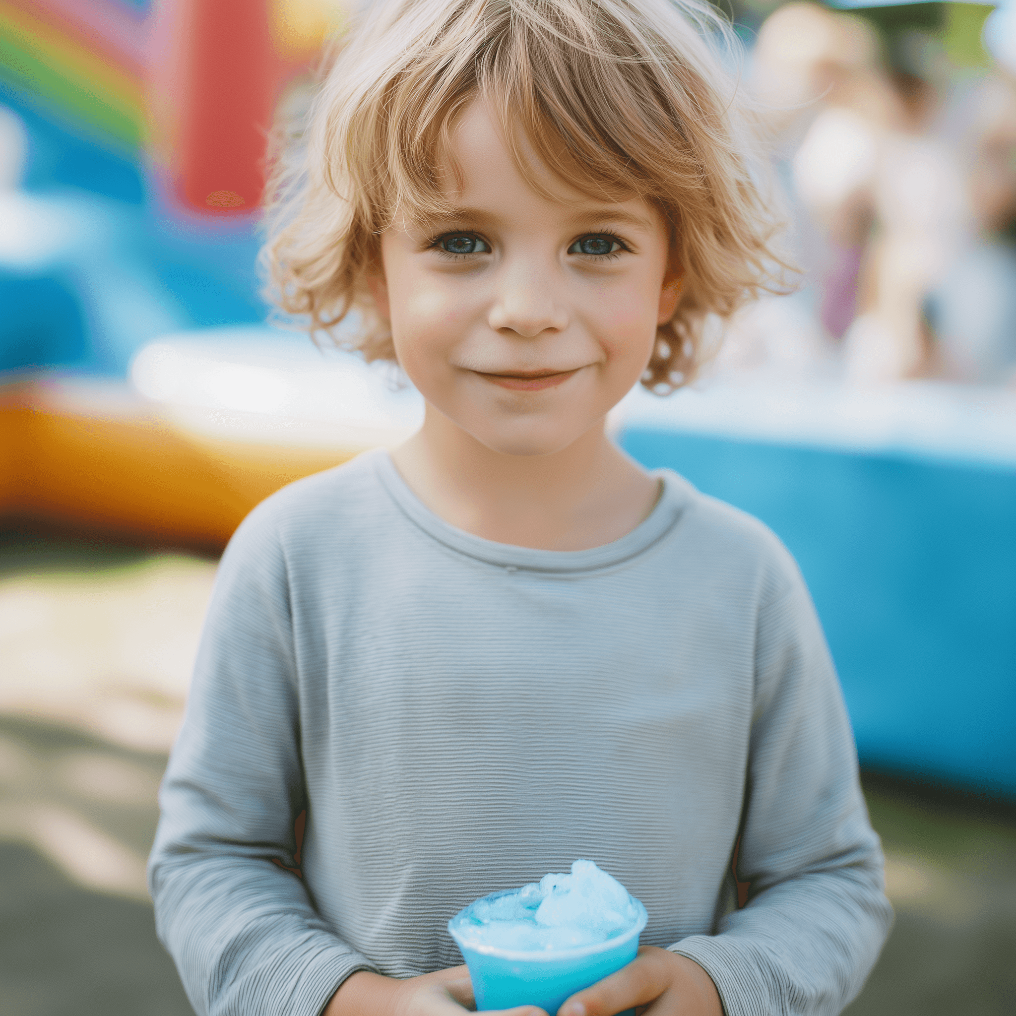 Portrait d'un enfant souriant et heureux à l'entrée d'un château gonflable Mister Bounce.