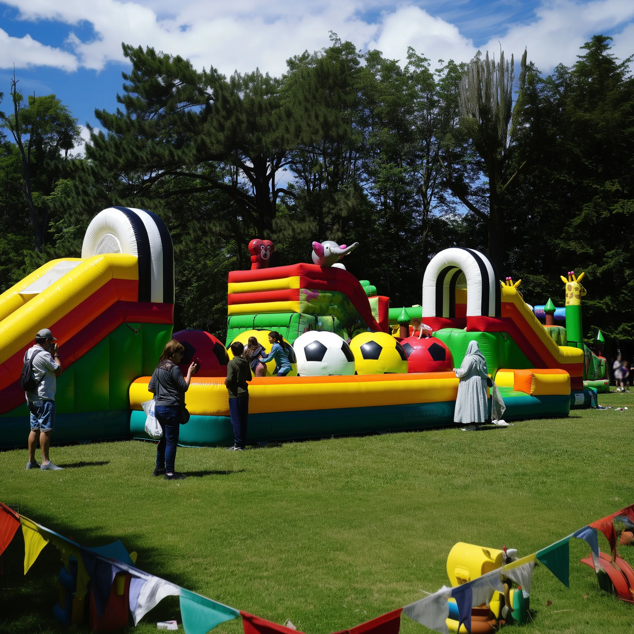 Plusieurs châteaux et structures gonflables colorées installés dans un parc pour un événement en plein air.