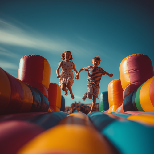 Groupe d'enfants sautant ensemble et s'amusant dans un grand château gonflable Mister Bounce.